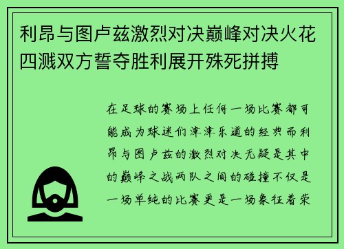 利昂与图卢兹激烈对决巅峰对决火花四溅双方誓夺胜利展开殊死拼搏